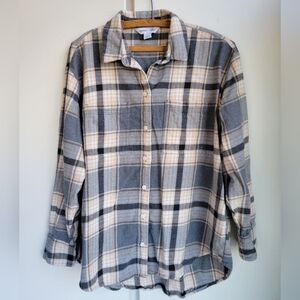 Old Navy The Boyfriend Flannel Shirt Women's Large Gray Tan Plaid Long Sleeve